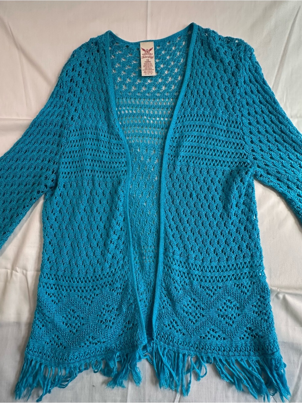 Faded Glory Teal Open-Knit Fringe Cardigan